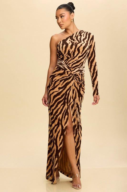 zebra print one shoulder maxi dress