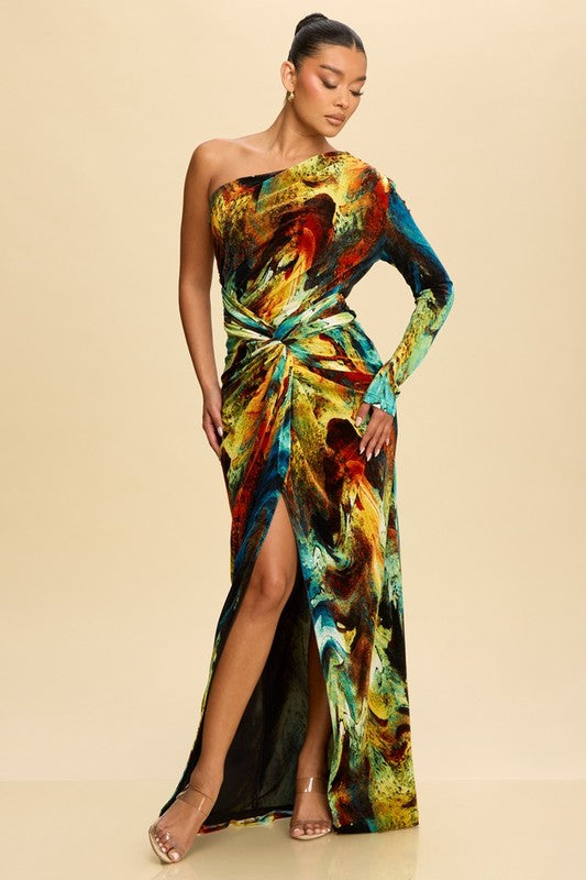 print one shoulder maxi dress