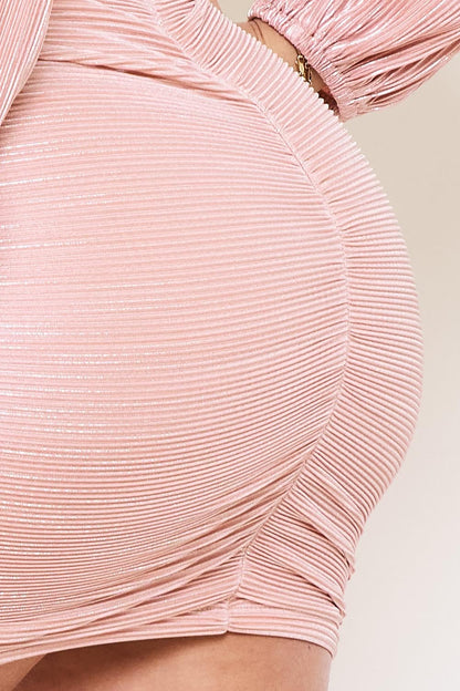 Foil Plunging Neck Long Sleeve Mini Dress