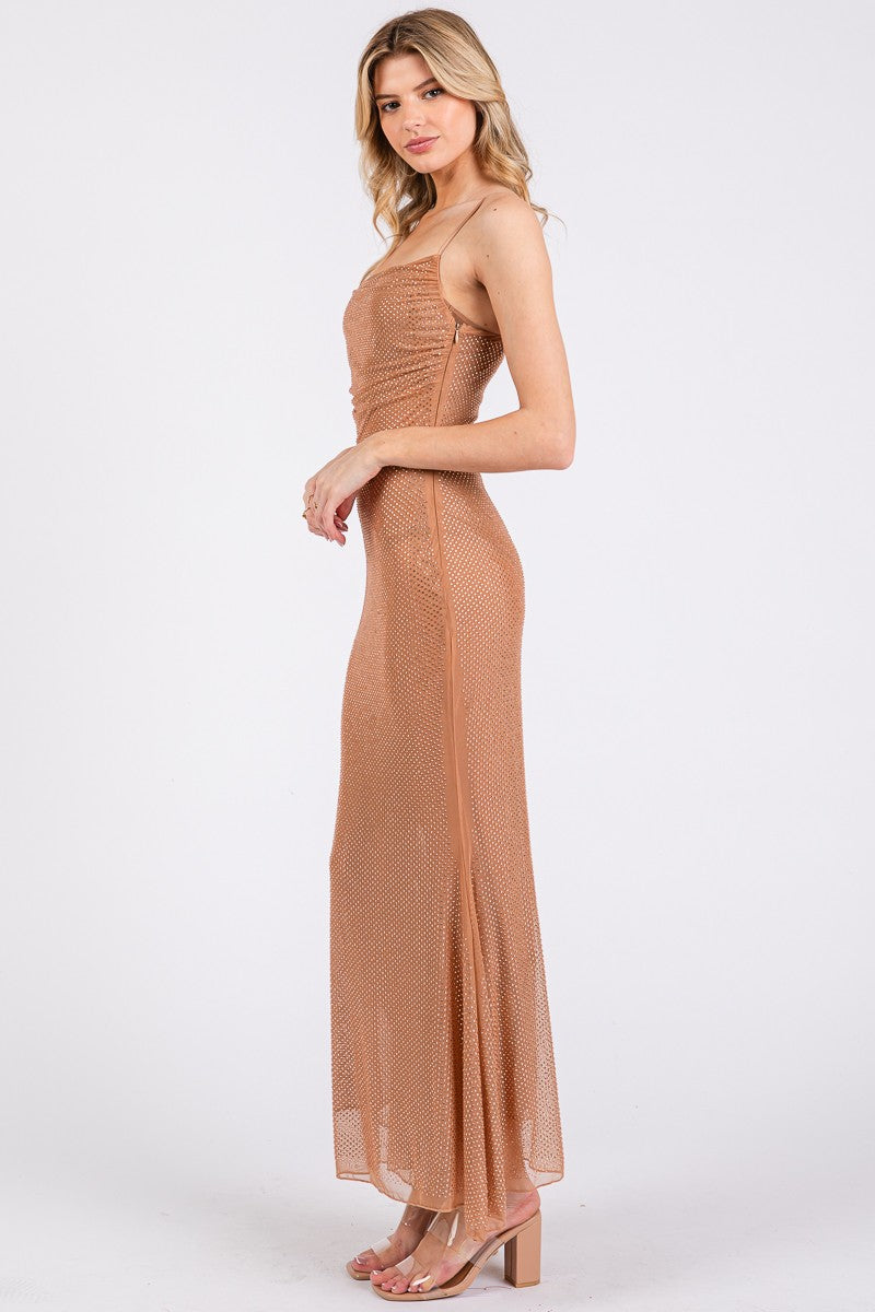 rhinestone sleeveless mesh maxi dress