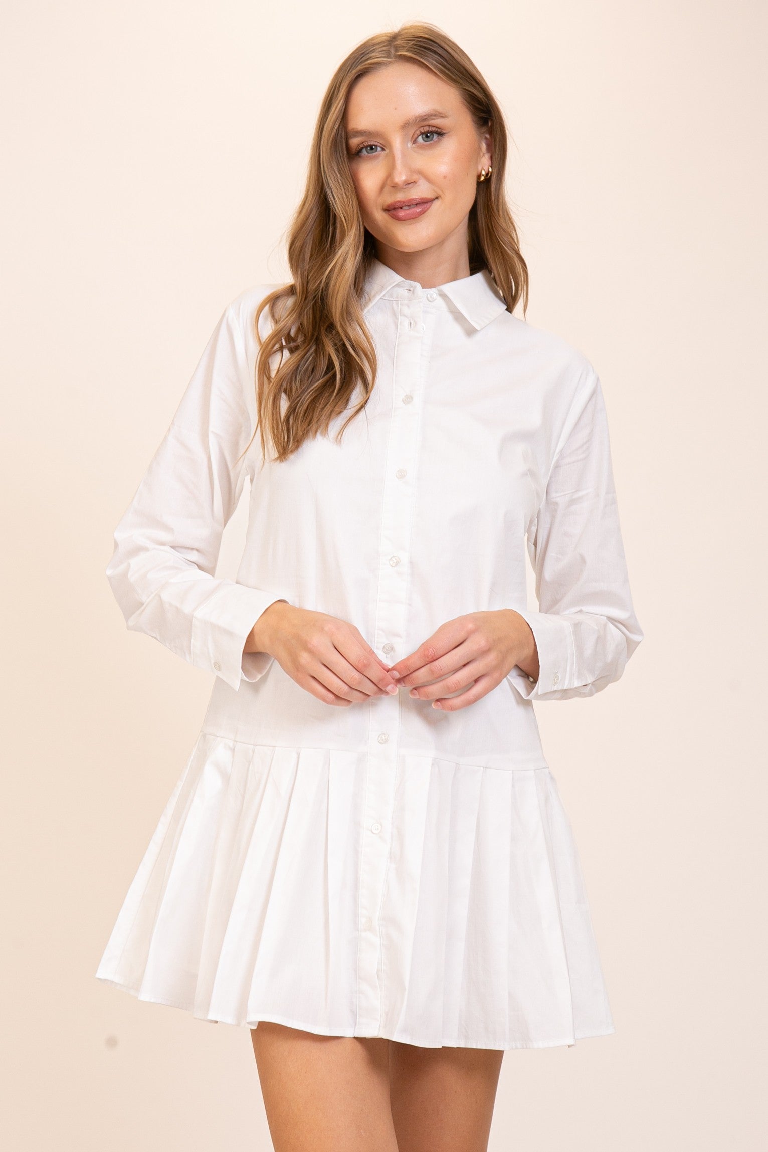 pleated shirt dress LUMIERE Long Sleeve Cotton Button-Up Shirtdress in White at Nordstrom Rack, Size Small front shirt dress meets Size:X-Large - 14 Chopped green salad with VAN GOGH DROP 3