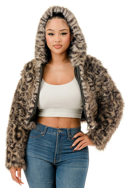 Leopard faux fur hooded zip up jacket