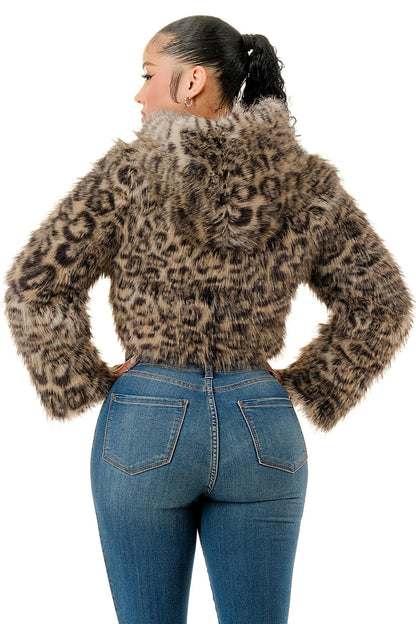 Leopard faux fur hooded zip up jacket