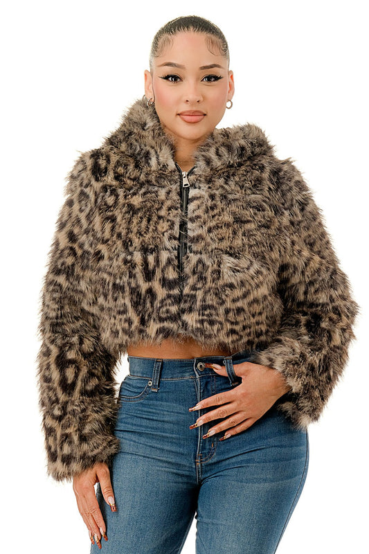 Leopard faux fur hooded zip up jacket