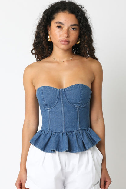 Denim Peplum Bustier Top