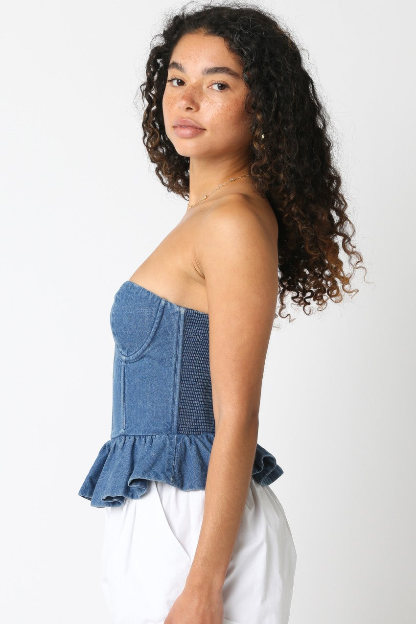 Denim Peplum Bustier Top