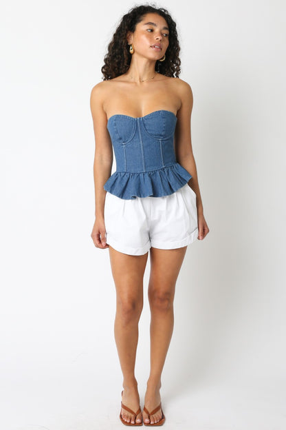 Denim Peplum Bustier Top