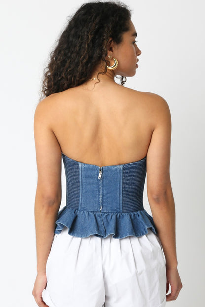 Denim Peplum Bustier Top
