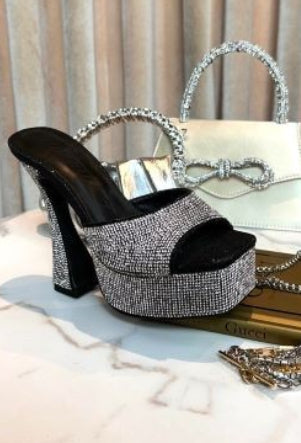 rhinestone block heel platform slip on
