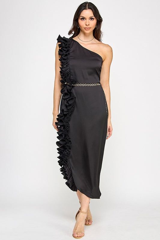 One Shoulder Ruffle Midi Dress