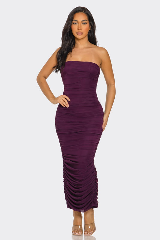 lace up back strapless ruched mesh midi dress