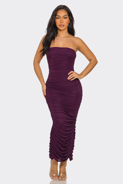 lace up back strapless ruched mesh midi dress