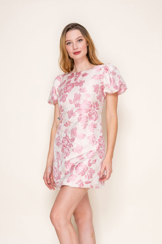 Puff Sleeve Floral Jacquard Mini Dress