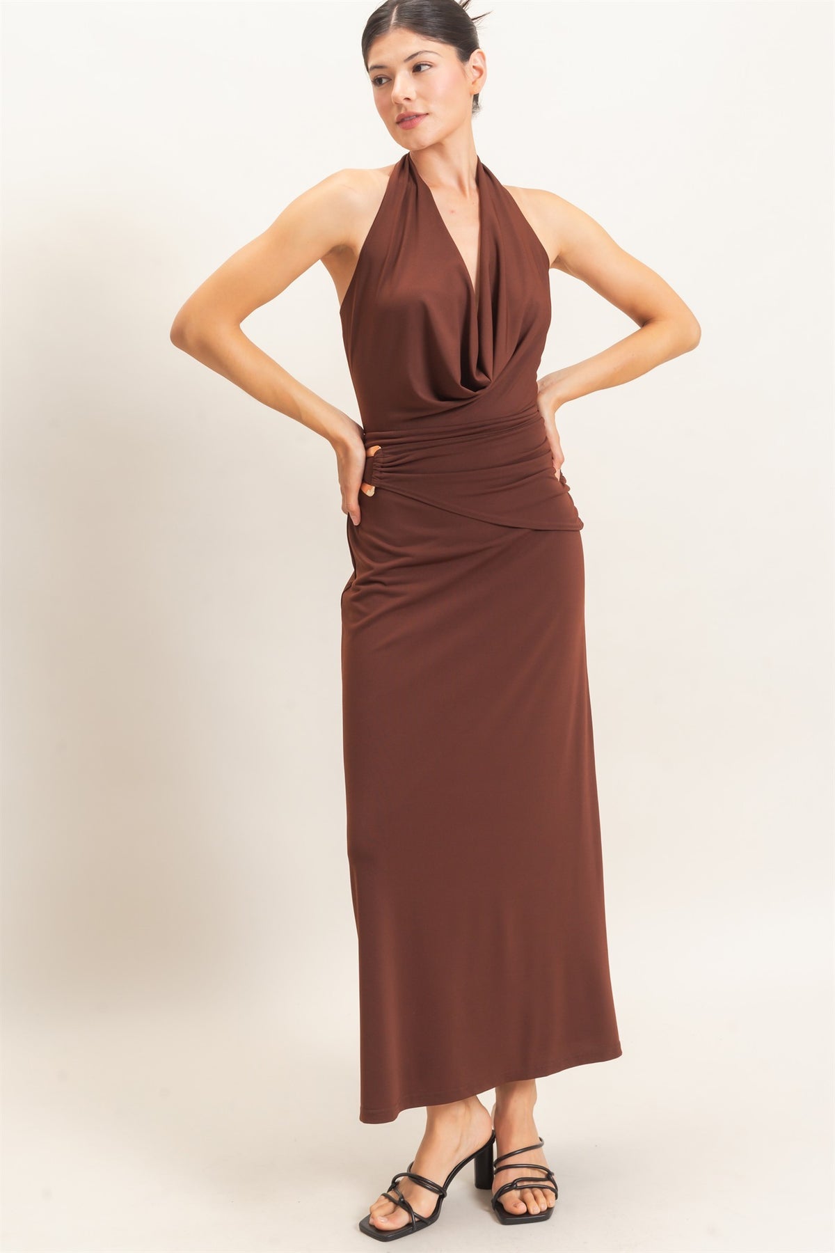 cowl halter neck draped waist maxi dress