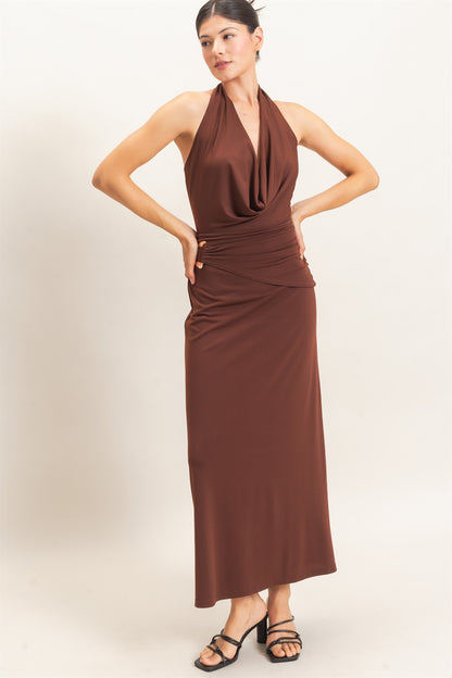 cowl halter neck draped waist maxi dress