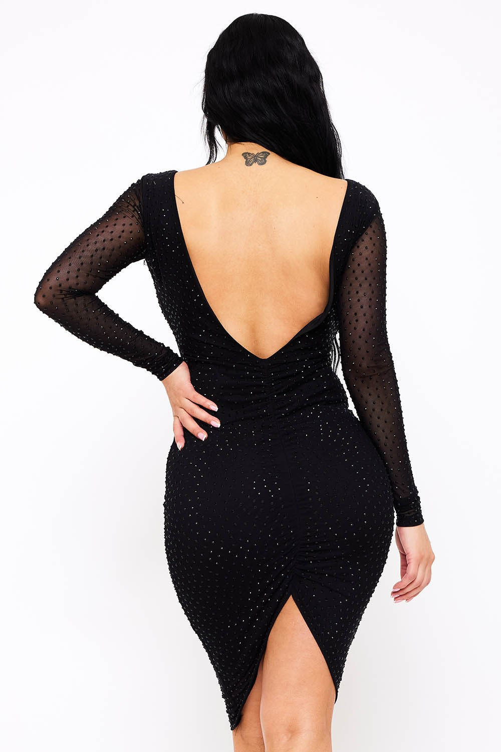 Sheer Long Sleeve Rhinestone Midi Dress