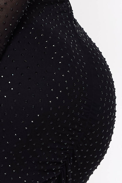 Sheer Long Sleeve Rhinestone Midi Dress