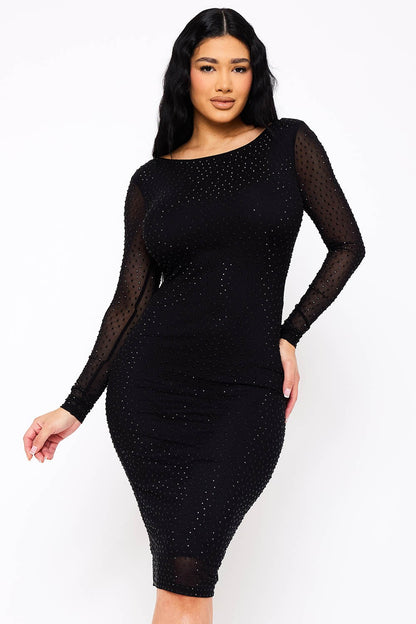 Sheer Long Sleeve Rhinestone Midi Dress