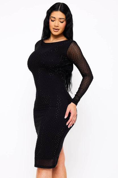 Sheer Long Sleeve Rhinestone Midi Dress