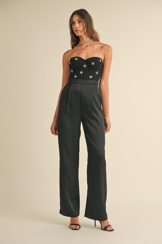 strapless rhinestone bustier jumpsuit