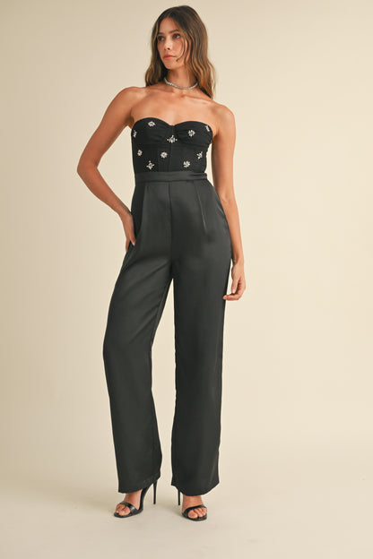 strapless rhinestone bustier jumpsuit