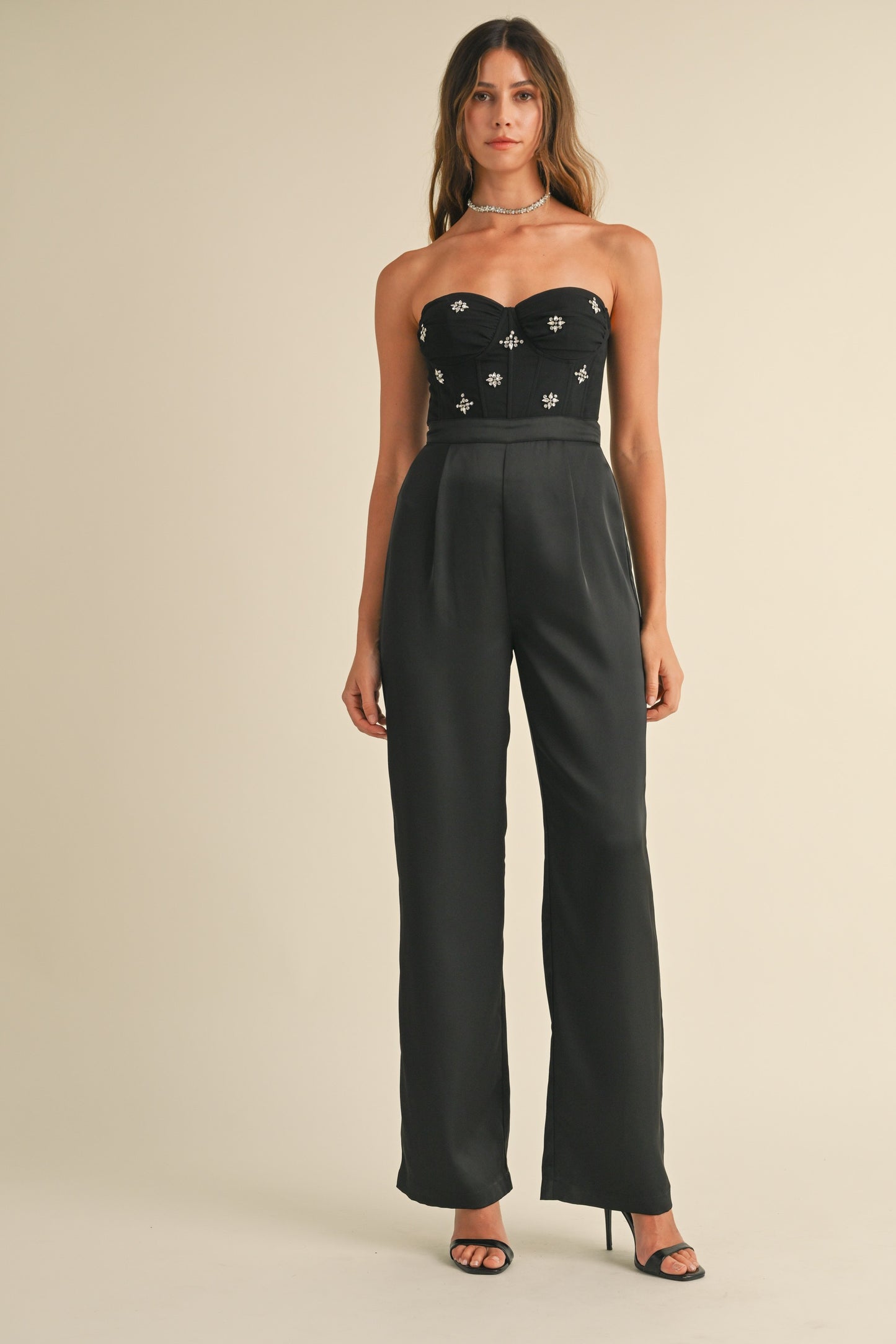 strapless rhinestone bustier jumpsuit