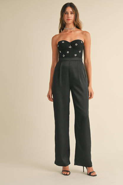 strapless rhinestone bustier jumpsuit