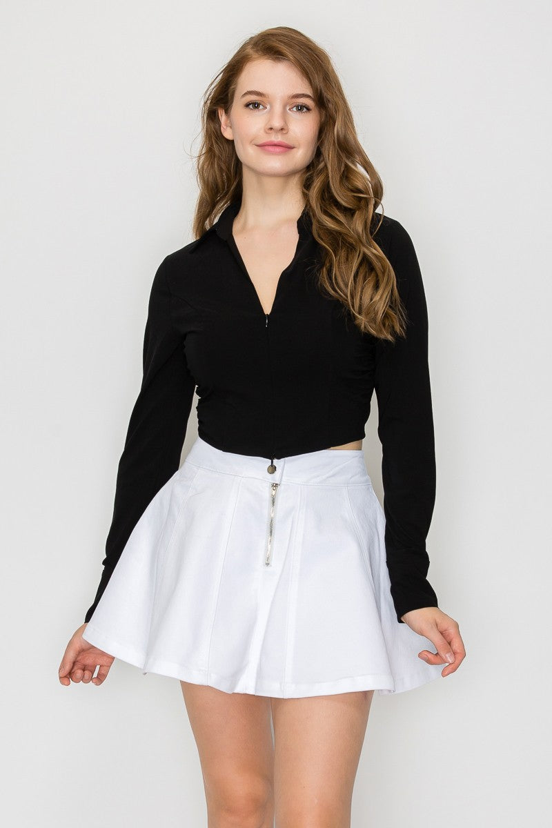 Collared Zip-up Long Sleeve Top