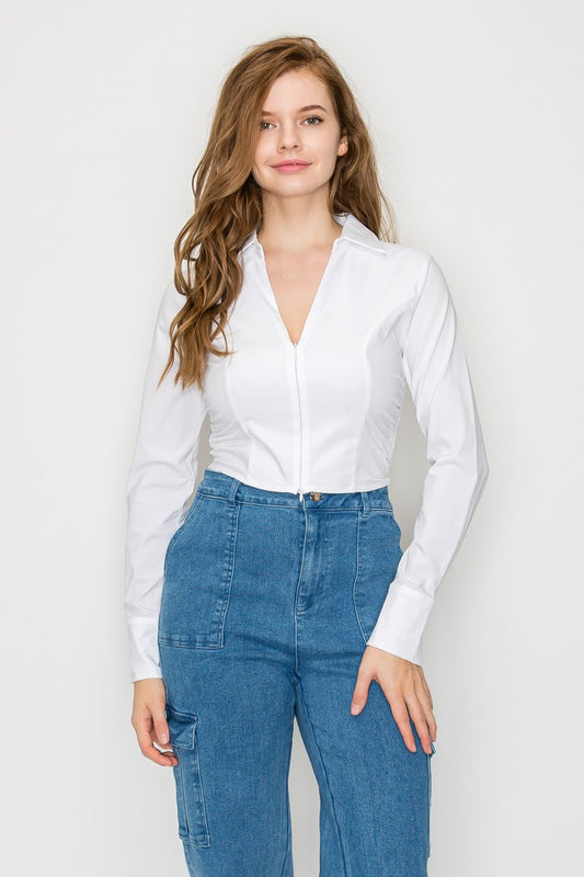 Collared Zip-up Long Sleeve Top
