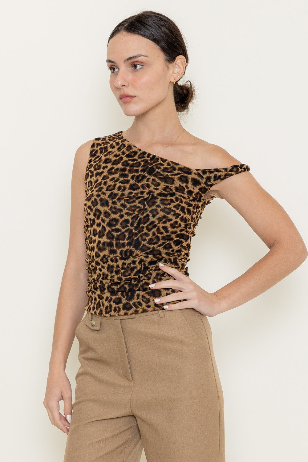 mesh leopard off one shoulder top