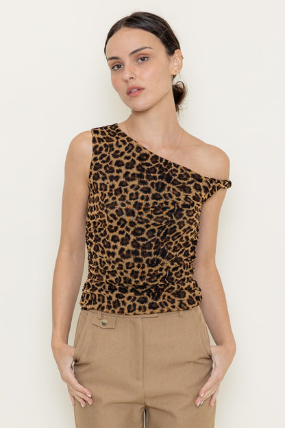 mesh leopard off one shoulder top