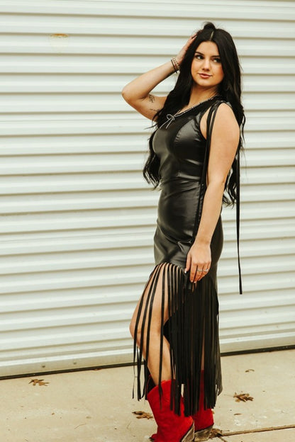 faux leather one shoulder fringe cut out midi dress