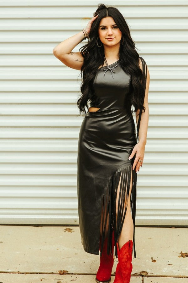 faux leather one shoulder fringe cut out midi dress