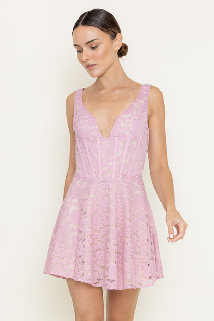 Deep V Neck Lace Boning Mini Dress