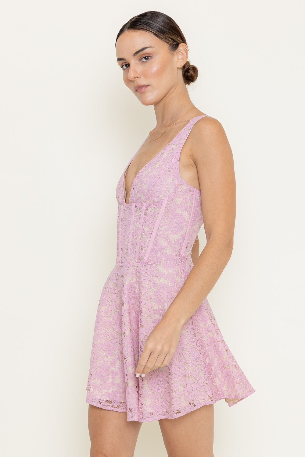 Deep V Neck Lace Boning Mini Dress