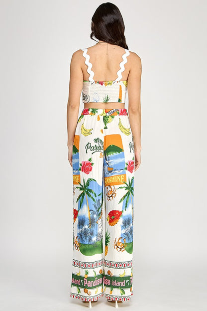 2pc set-Wave Trim Strap Crop Top & Pants