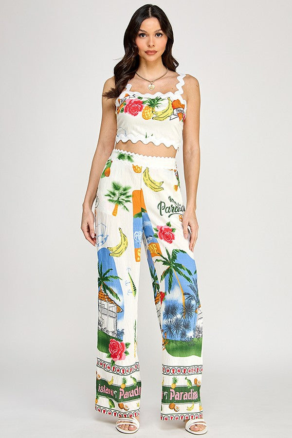 2pc set-Wave Trim Strap Crop Top & Pants