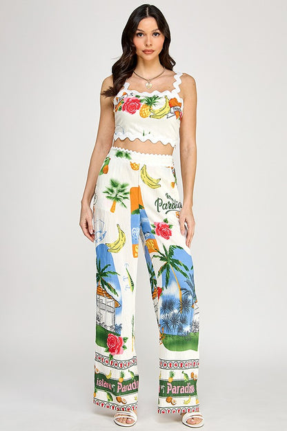 2pc set-Wave Trim Strap Crop Top & Pants