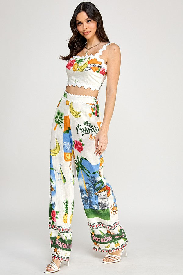 2pc set-Wave Trim Strap Crop Top & Pants