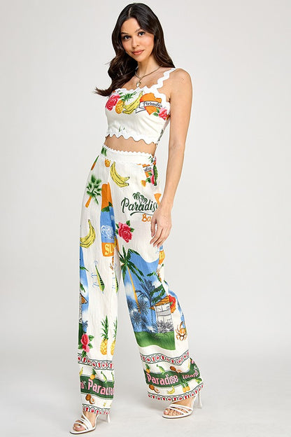 2pc set-Wave Trim Strap Crop Top & Pants