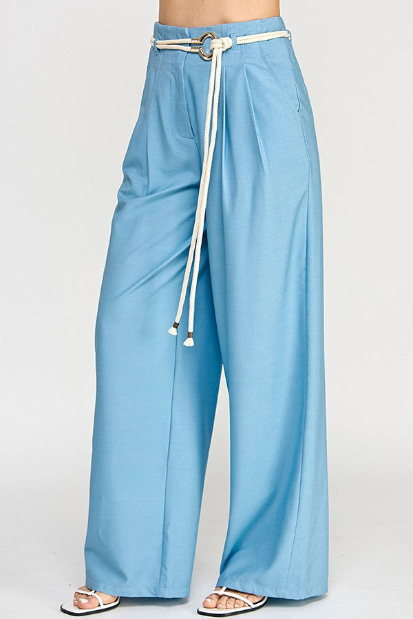 rope belt high waist wide leg pants