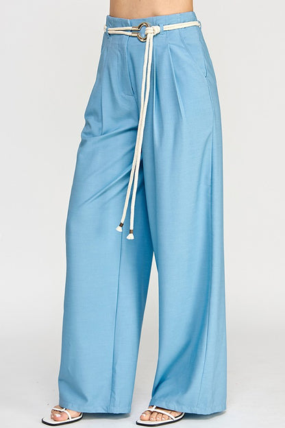 rope belt high waist wide leg pants