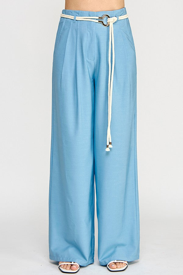 rope belt high waist wide leg pants