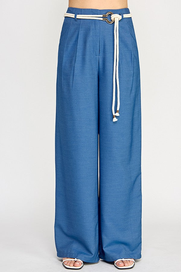 rope belt high waist wide leg pants