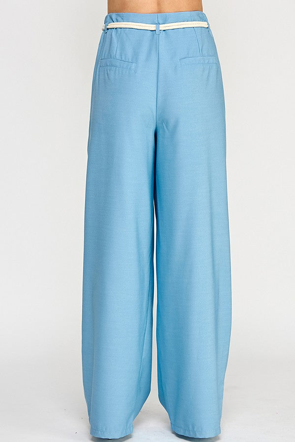 rope belt high waist wide leg pants