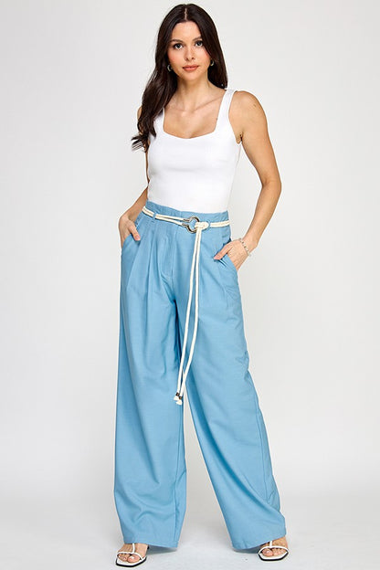 rope belt high waist wide leg pants