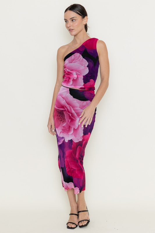 2pc set- Rose Mesh One Shoulder Top & Midi Skirt