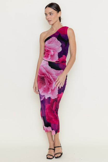 2pc set- Rose Mesh One Shoulder Top & Midi Skirt