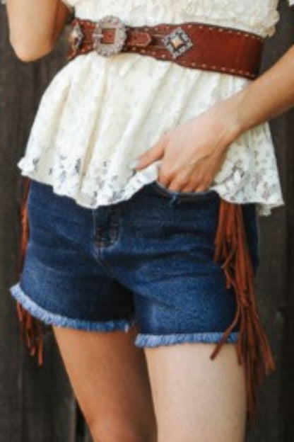 suede fringe high waist jean shorts