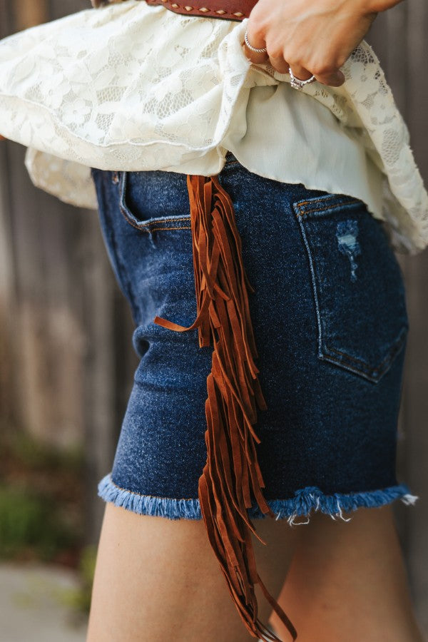 suede fringe high waist jean shorts